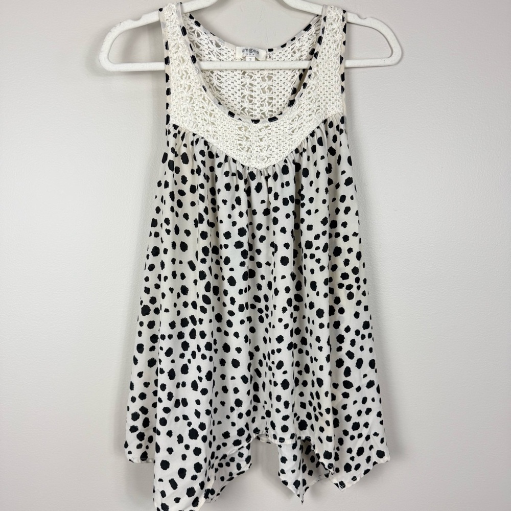 Umgee Animal Print Top Womens Small Crochet Detail Polka Dot White Black Boho